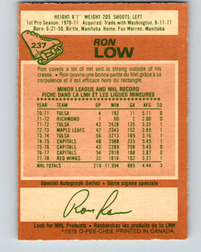 1978-79 O-Pee-Chee #237 Ron Low  Detroit Red Wings  V24219