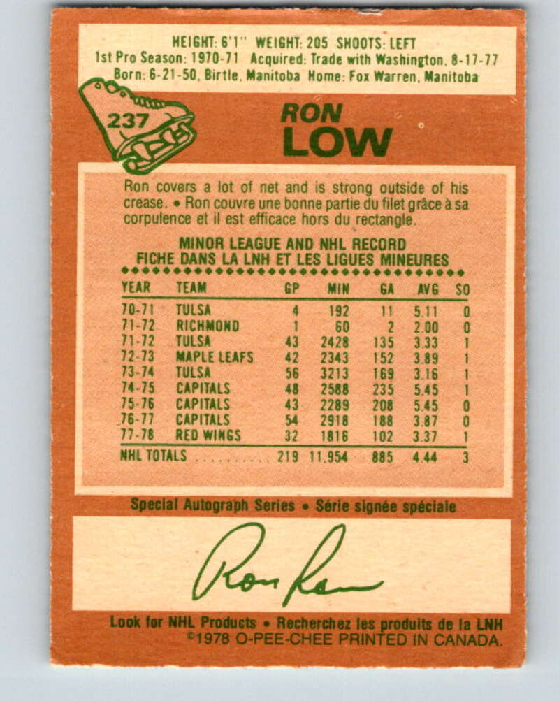 1978-79 O-Pee-Chee #237 Ron Low  Detroit Red Wings  V24220