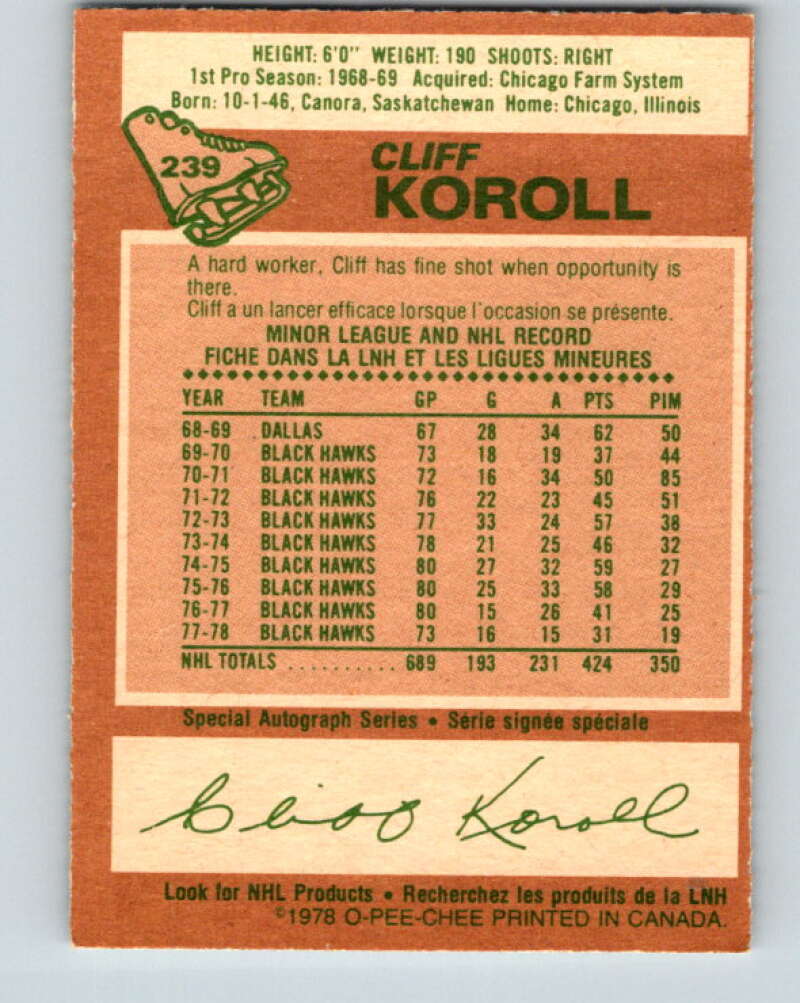 1978-79 O-Pee-Chee #239 Cliff Koroll  Chicago Blackhawks  V24231