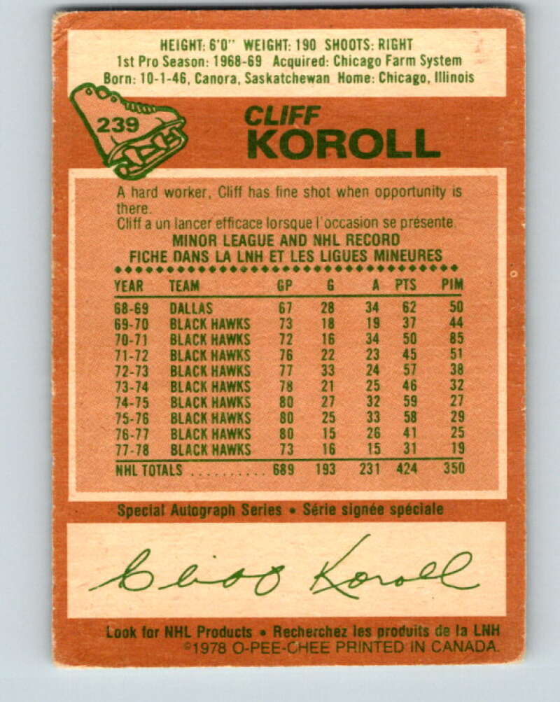 1978-79 O-Pee-Chee #239 Cliff Koroll  Chicago Blackhawks  V24232