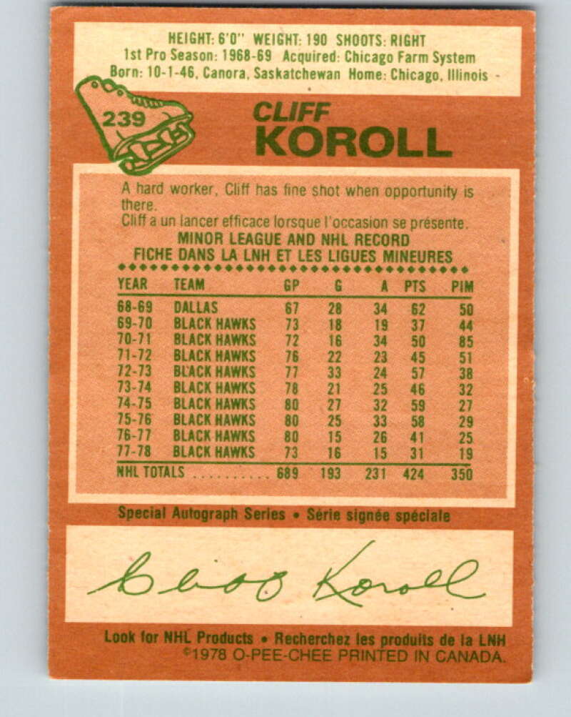 1978-79 O-Pee-Chee #239 Cliff Koroll  Chicago Blackhawks  V24233
