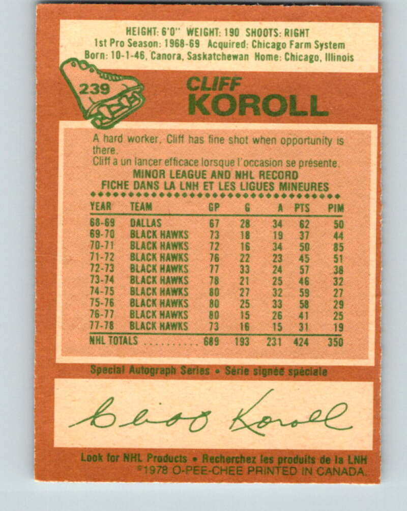 1978-79 O-Pee-Chee #239 Cliff Koroll  Chicago Blackhawks  V24238