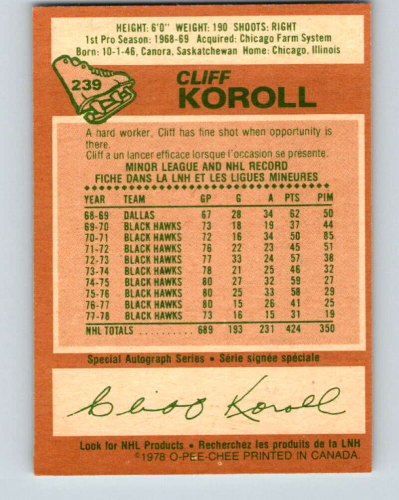 1978-79 O-Pee-Chee #239 Cliff Koroll  Chicago Blackhawks  V24241