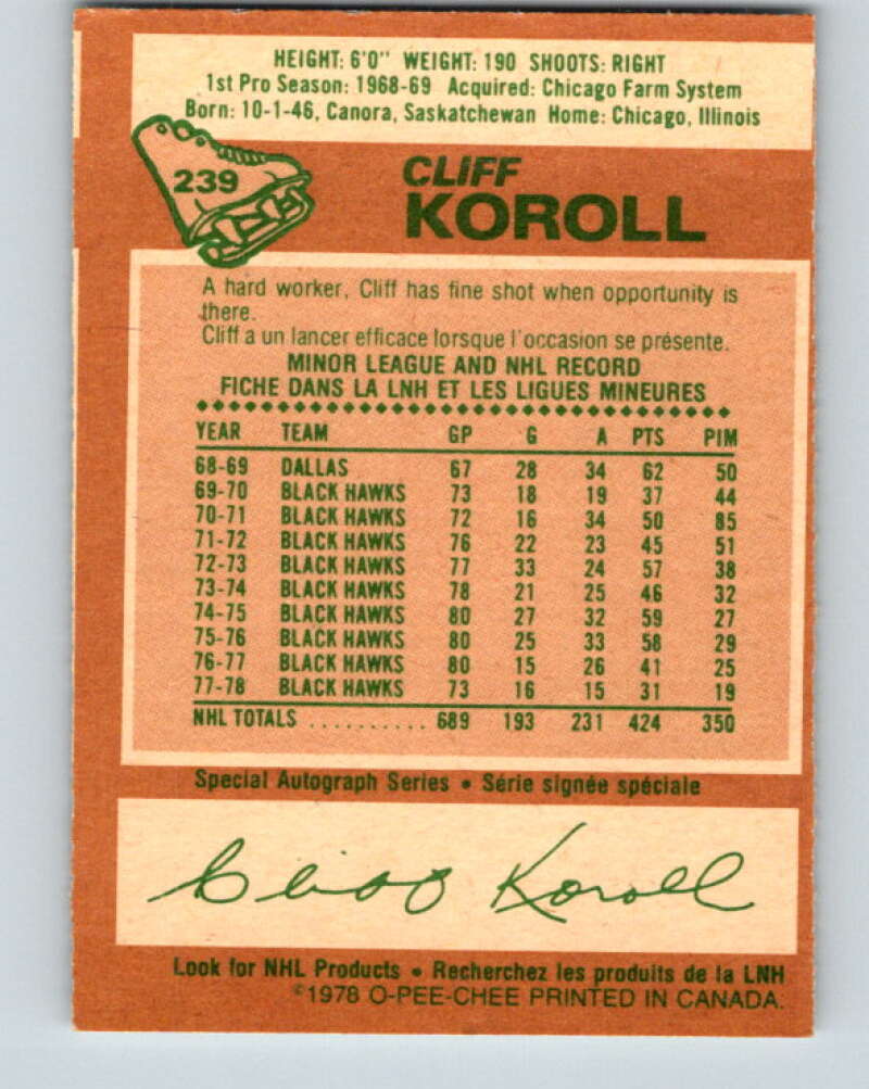 1978-79 O-Pee-Chee #239 Cliff Koroll  Chicago Blackhawks  V24246
