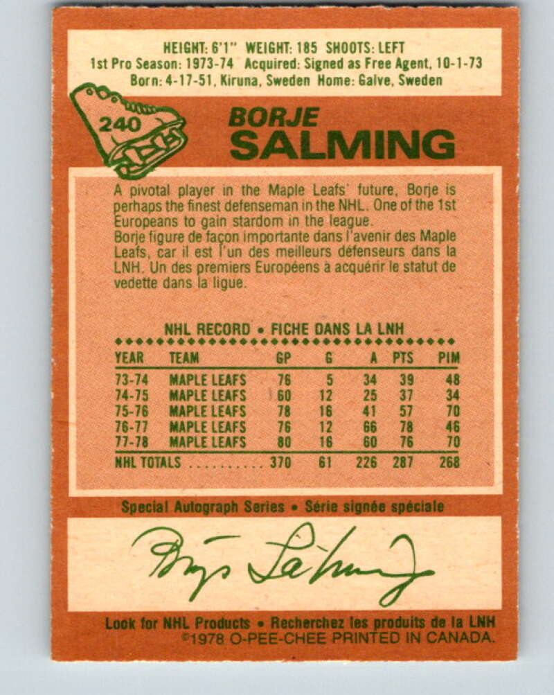 1978-79 O-Pee-Chee #240 Borje Salming AS  Toronto Maple Leafs  V24250