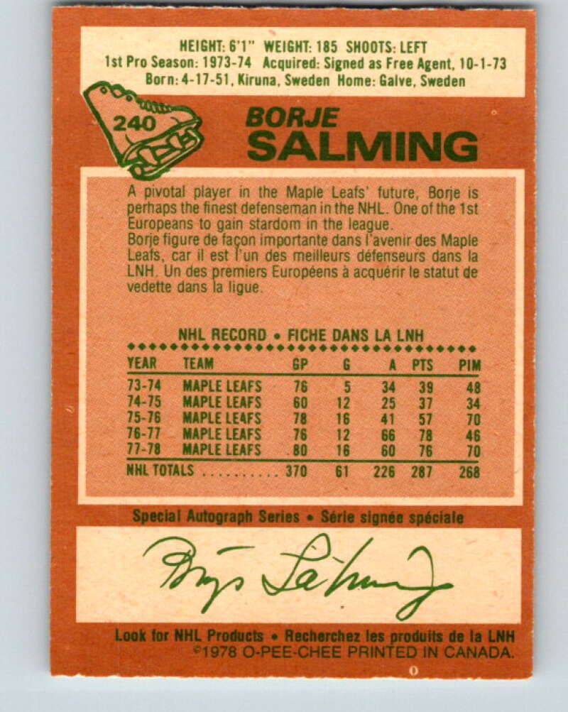 1978-79 O-Pee-Chee #240 Borje Salming AS  Toronto Maple Leafs  V24251