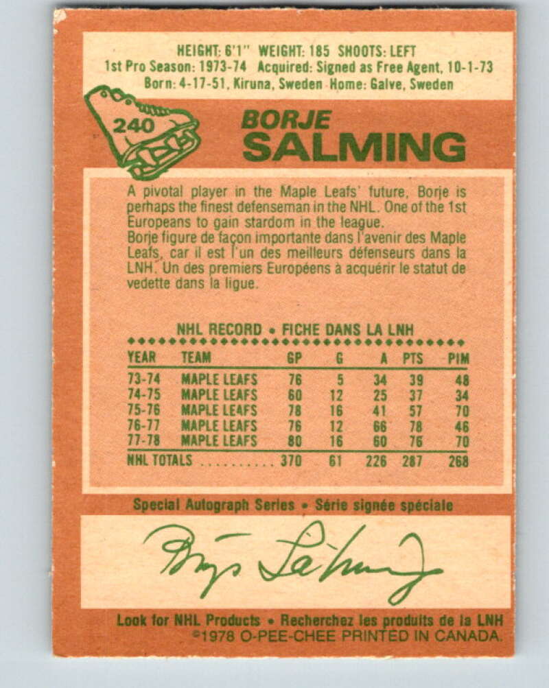 1978-79 O-Pee-Chee #240 Borje Salming AS  Toronto Maple Leafs  V24253