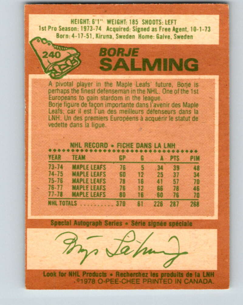 1978-79 O-Pee-Chee #240 Borje Salming AS  Toronto Maple Leafs  V24259