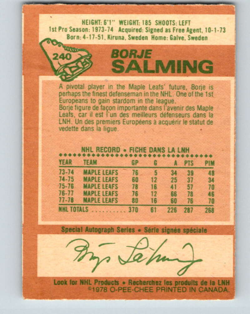 1978-79 O-Pee-Chee #240 Borje Salming AS  Toronto Maple Leafs  V24260