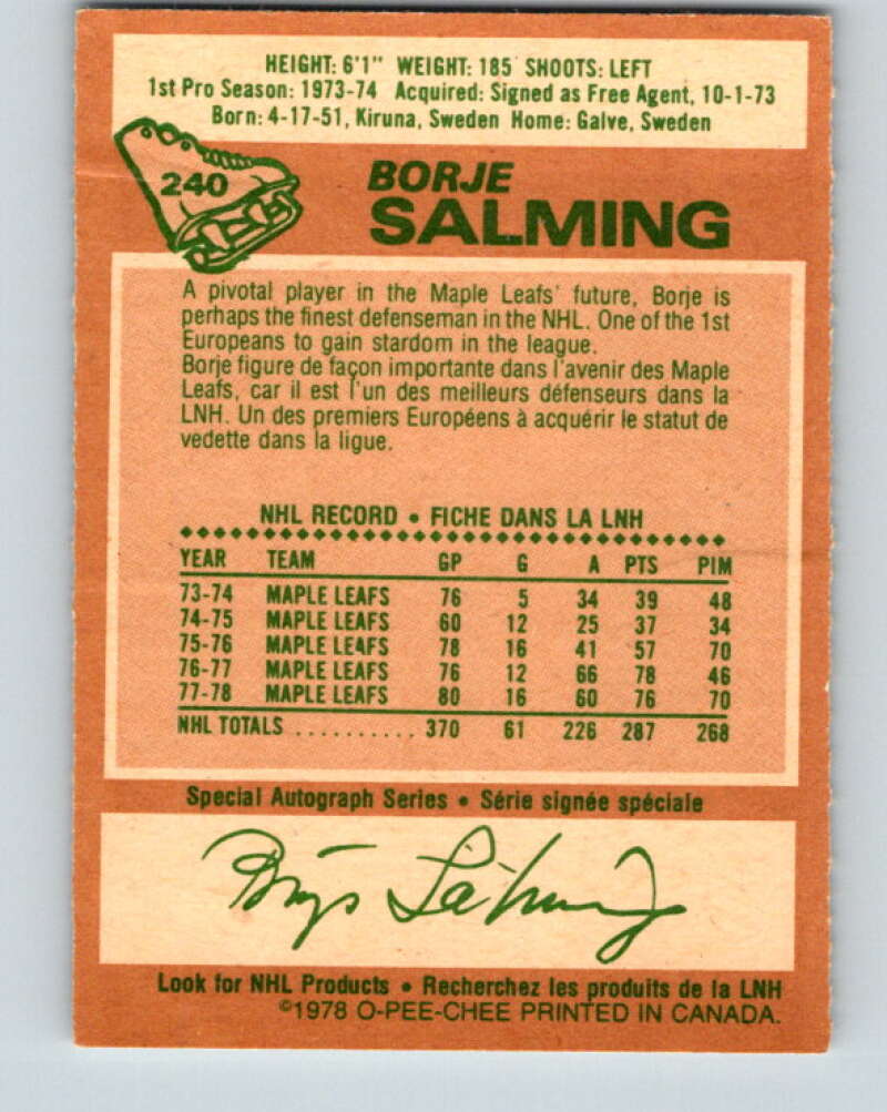 1978-79 O-Pee-Chee #240 Borje Salming AS  Toronto Maple Leafs  V24261