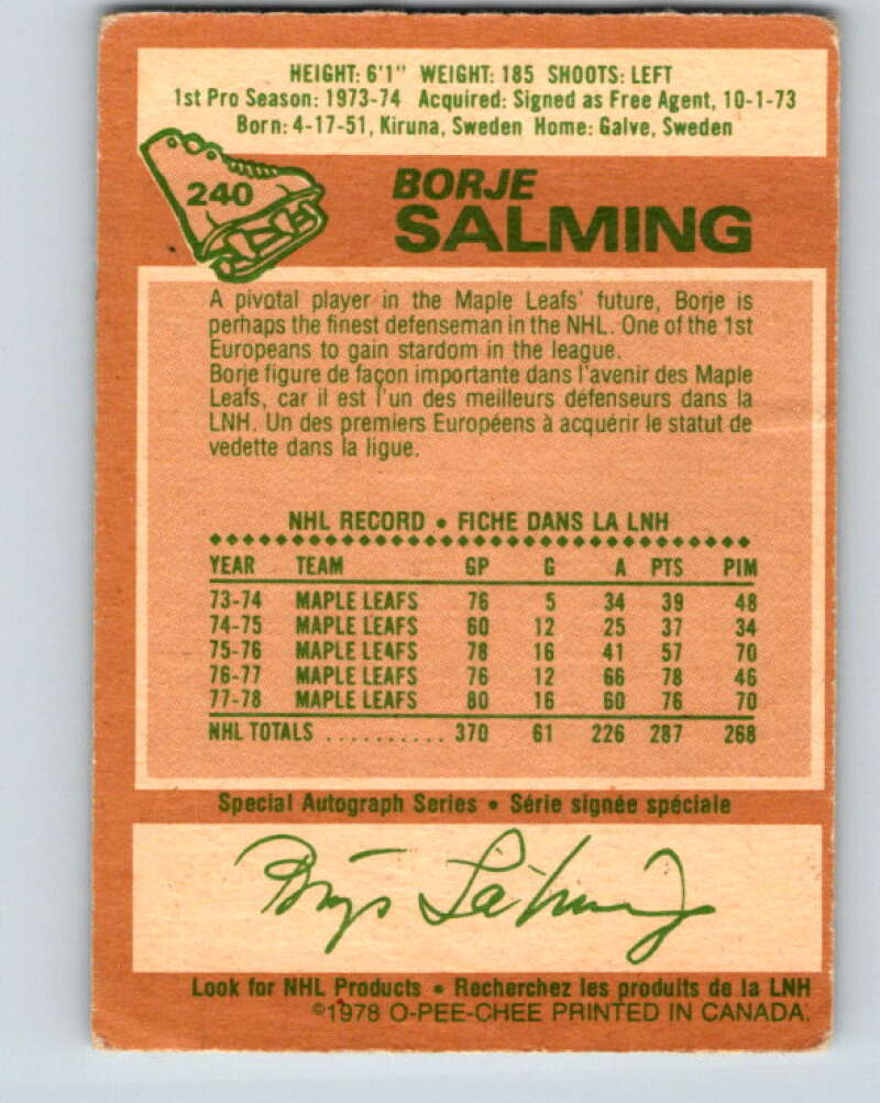 1978-79 O-Pee-Chee #240 Borje Salming AS  Toronto Maple Leafs  V24266