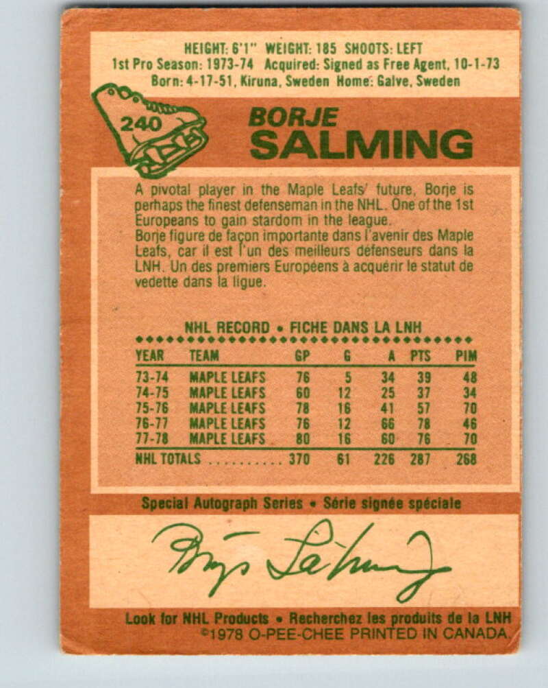 1978-79 O-Pee-Chee #240 Borje Salming AS  Toronto Maple Leafs  V24267