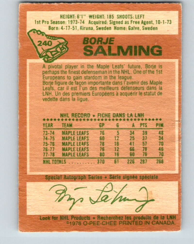 1978-79 O-Pee-Chee #240 Borje Salming AS  Toronto Maple Leafs  V24271