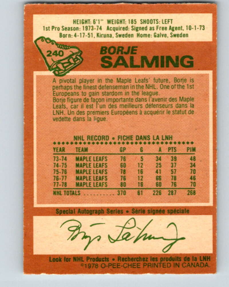 1978-79 O-Pee-Chee #240 Borje Salming AS  Toronto Maple Leafs  V24272