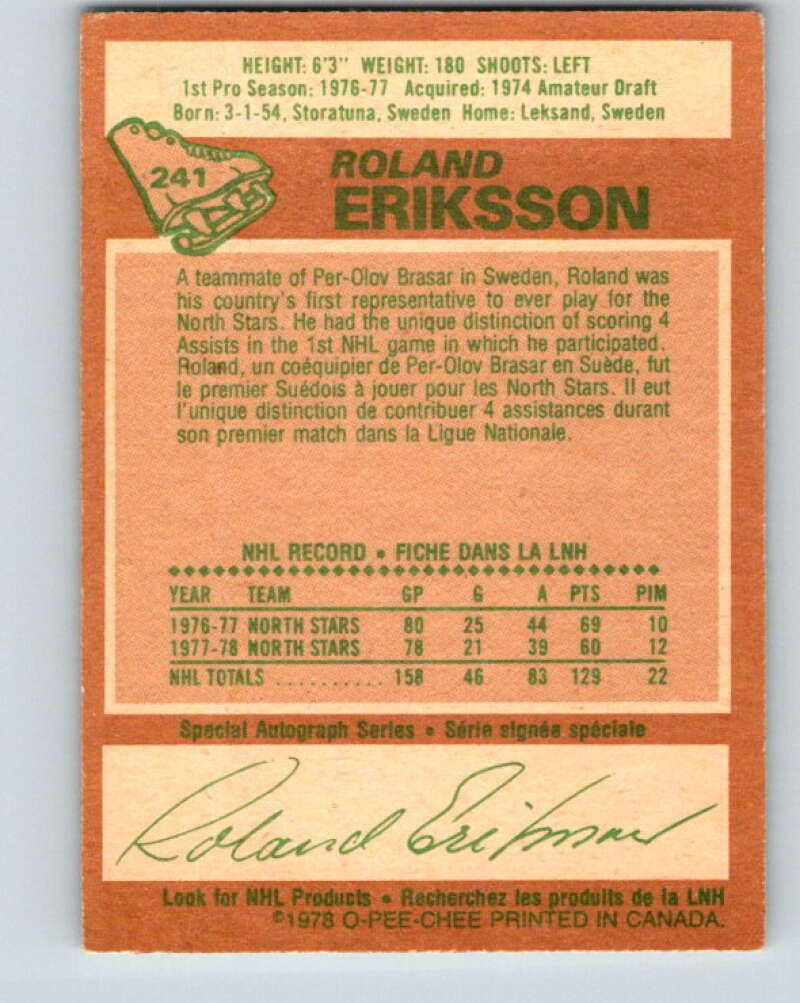1978-79 O-Pee-Chee #241 Roland Eriksson  Vancouver Canucks  V24275