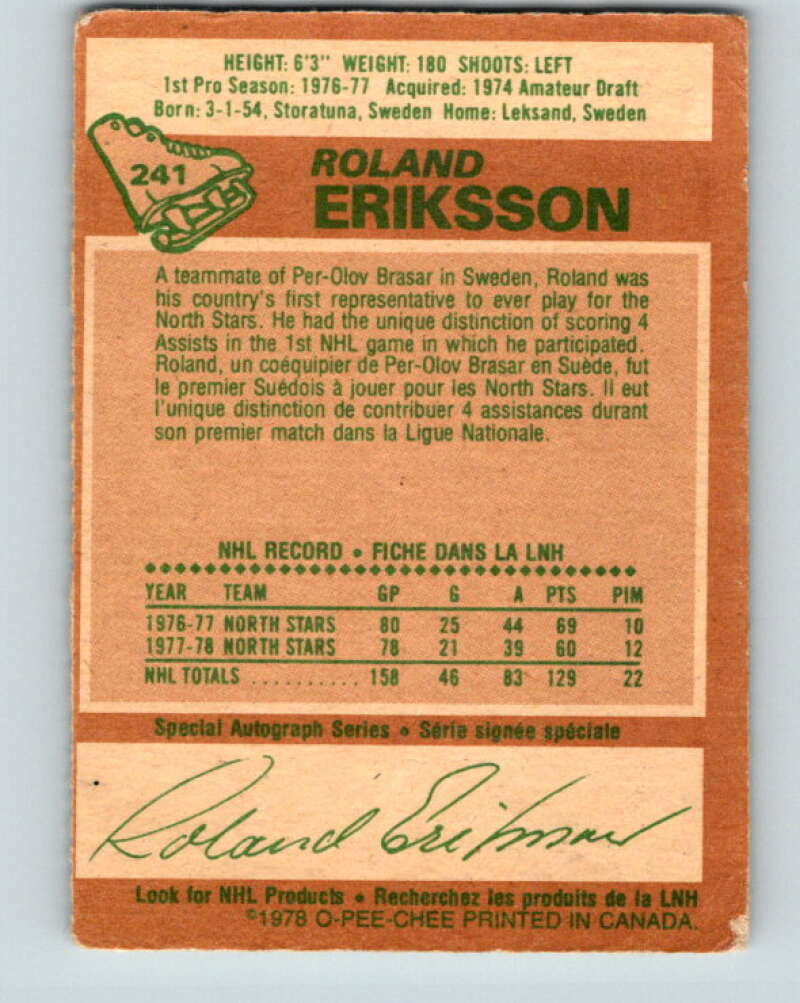 1978-79 O-Pee-Chee #241 Roland Eriksson  Vancouver Canucks  V24278