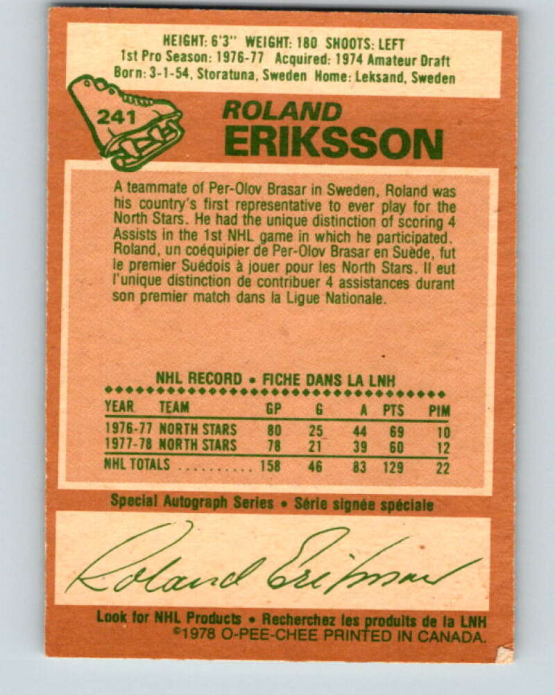 1978-79 O-Pee-Chee #241 Roland Eriksson  Vancouver Canucks  V24284