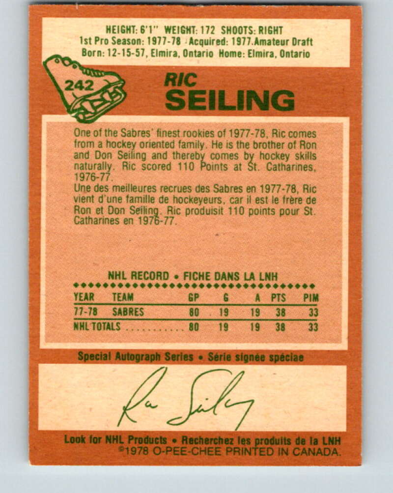 1978-79 O-Pee-Chee #242 Ric Seiling  RC Rookie Buffalo Sabres  V24286
