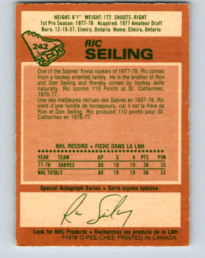 1978-79 O-Pee-Chee #242 Ric Seiling  RC Rookie Buffalo Sabres  V24287