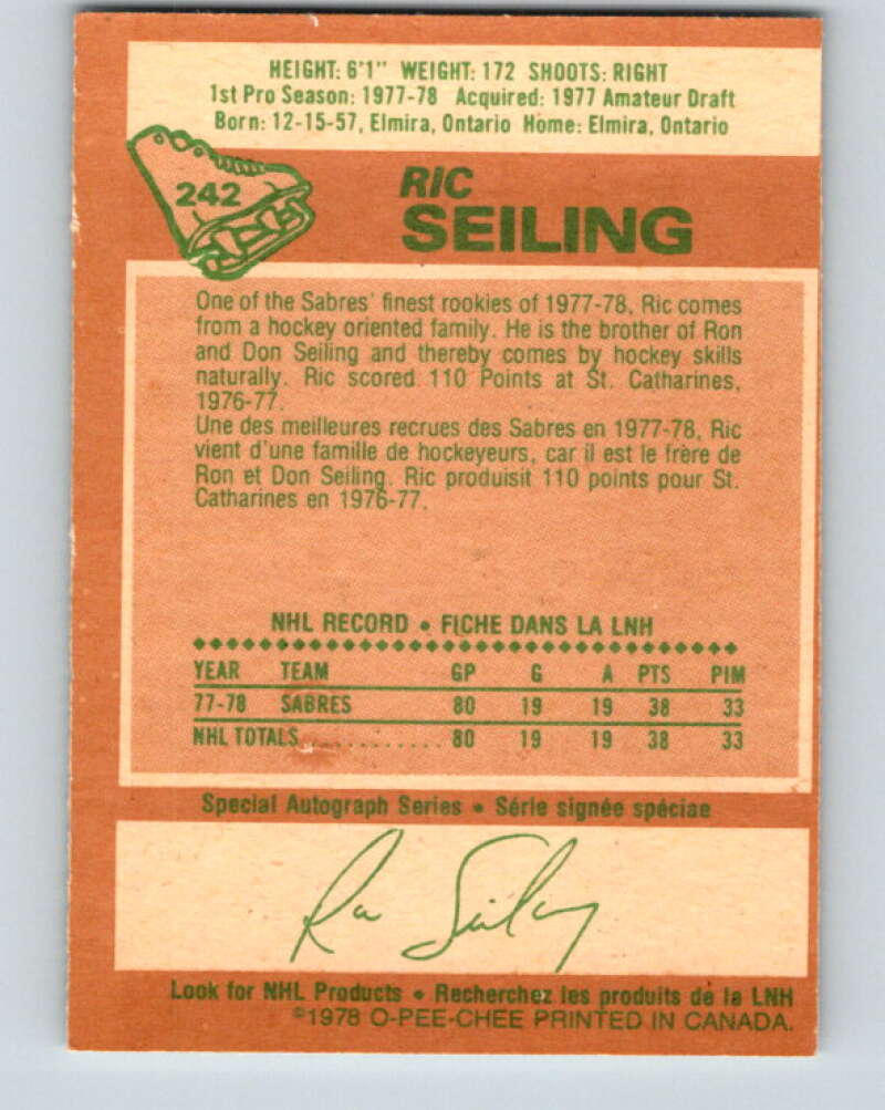1978-79 O-Pee-Chee #242 Ric Seiling  RC Rookie Buffalo Sabres  V24288
