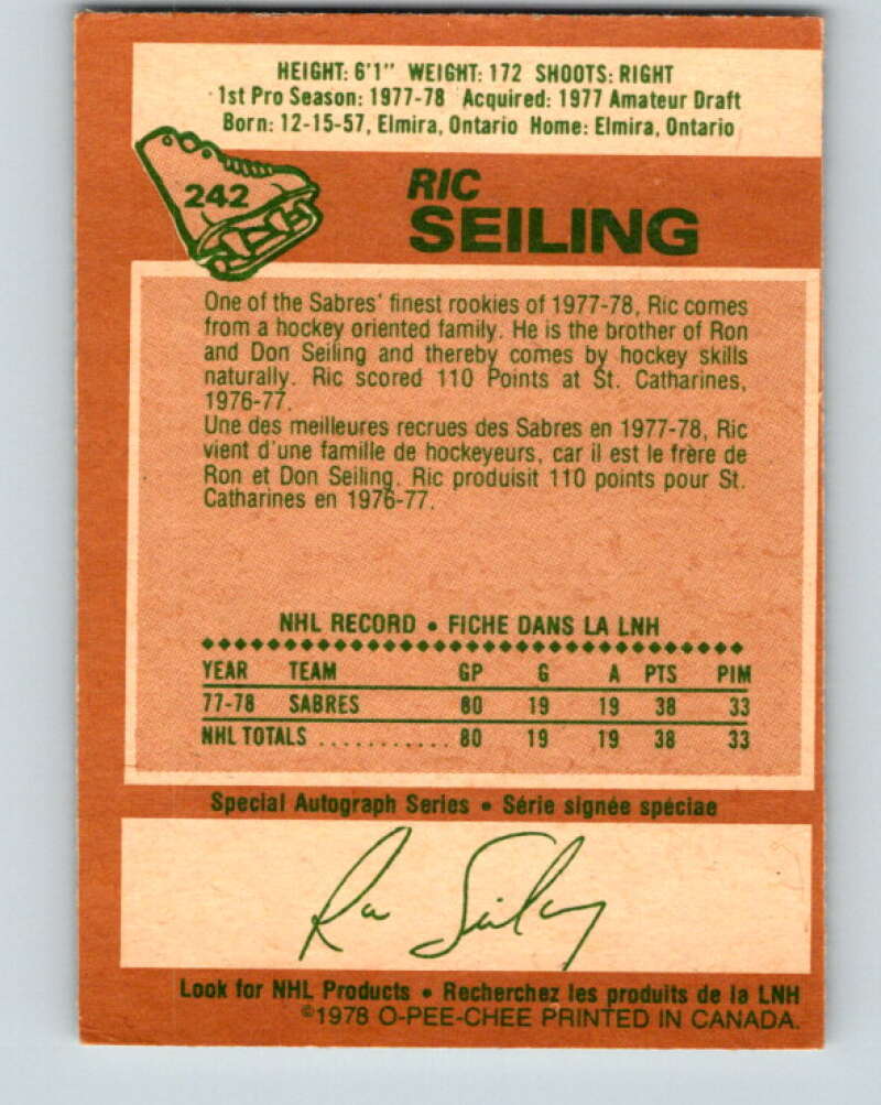 1978-79 O-Pee-Chee #242 Ric Seiling  RC Rookie Buffalo Sabres  V24289
