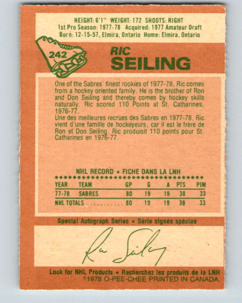 1978-79 O-Pee-Chee #242 Ric Seiling  RC Rookie Buffalo Sabres  V24290