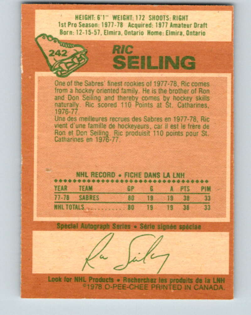 1978-79 O-Pee-Chee #242 Ric Seiling  RC Rookie Buffalo Sabres  V24291