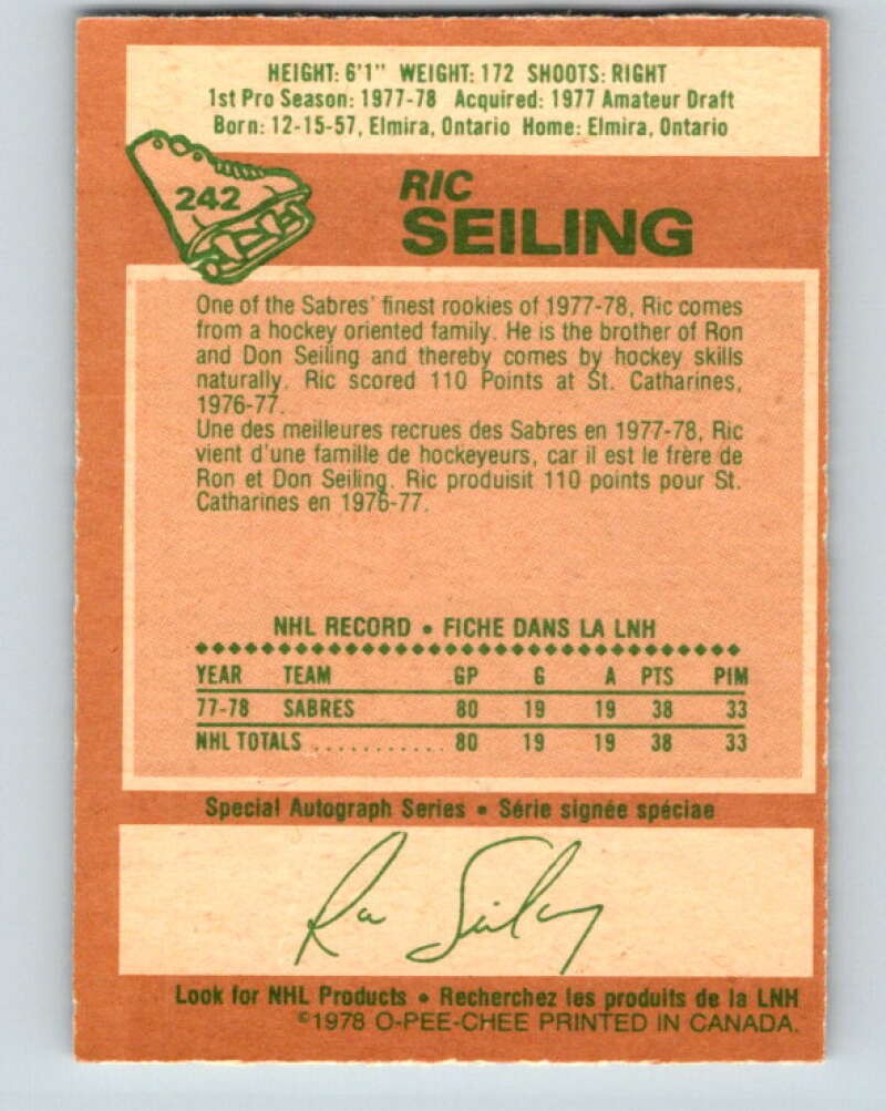1978-79 O-Pee-Chee #242 Ric Seiling  RC Rookie Buffalo Sabres  V24293