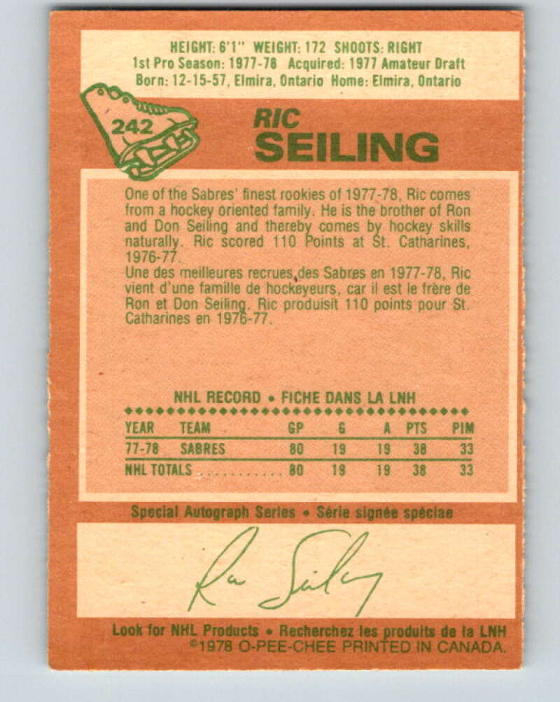 1978-79 O-Pee-Chee #242 Ric Seiling  RC Rookie Buffalo Sabres  V24296