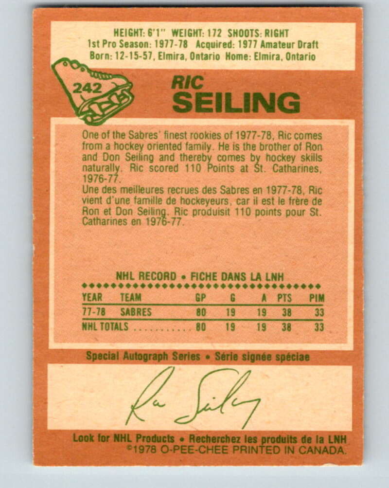1978-79 O-Pee-Chee #242 Ric Seiling  RC Rookie Buffalo Sabres  V24297