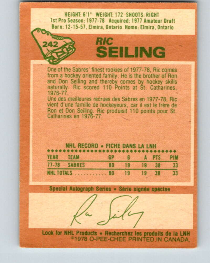 1978-79 O-Pee-Chee #242 Ric Seiling  RC Rookie Buffalo Sabres  V24299