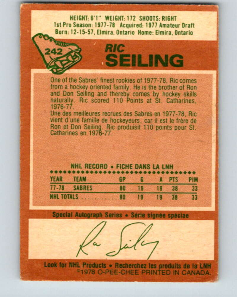 1978-79 O-Pee-Chee #242 Ric Seiling  RC Rookie Buffalo Sabres  V24301