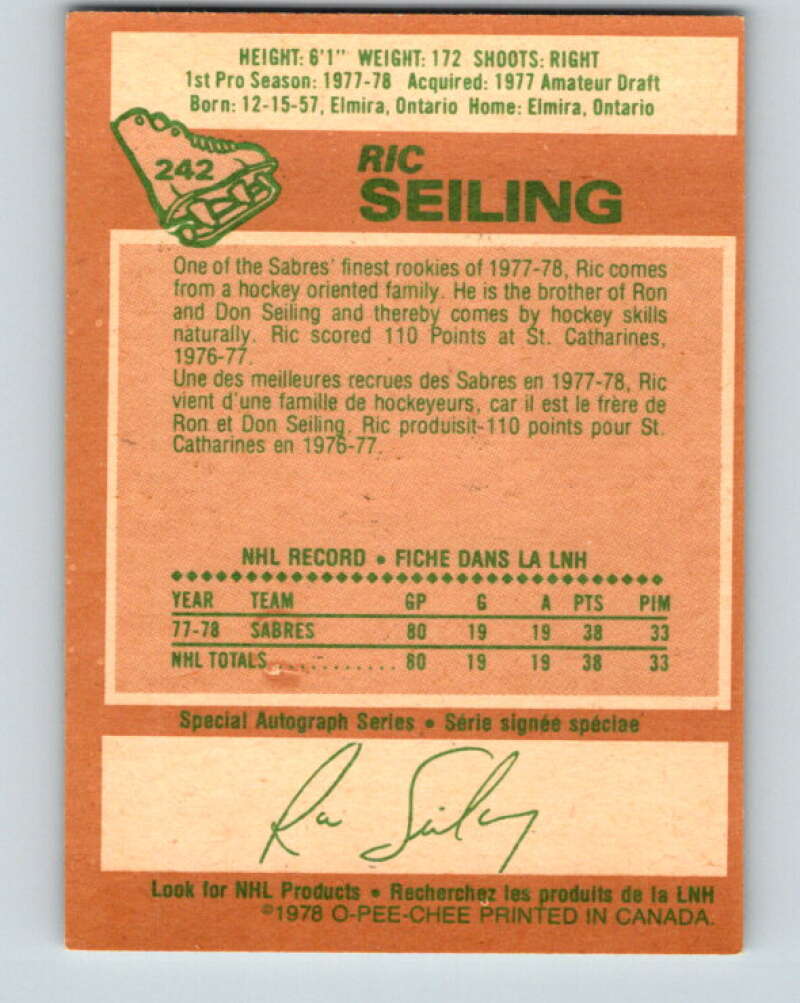 1978-79 O-Pee-Chee #242 Ric Seiling  RC Rookie Buffalo Sabres  V24302