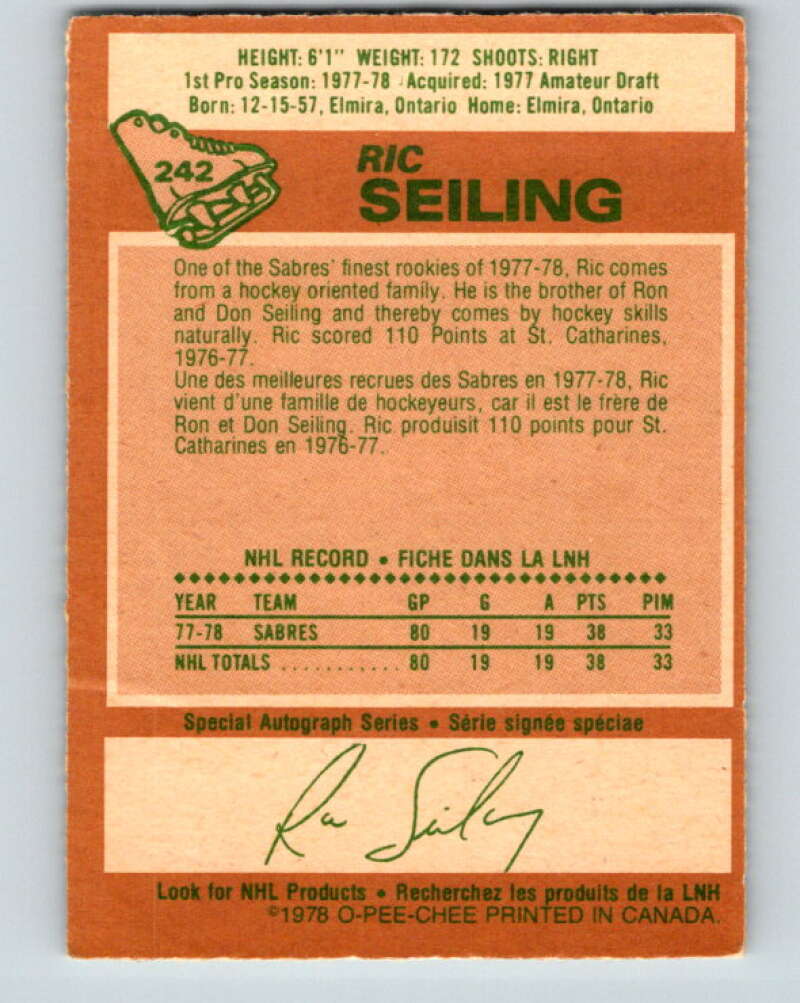 1978-79 O-Pee-Chee #242 Ric Seiling  RC Rookie Buffalo Sabres  V24303
