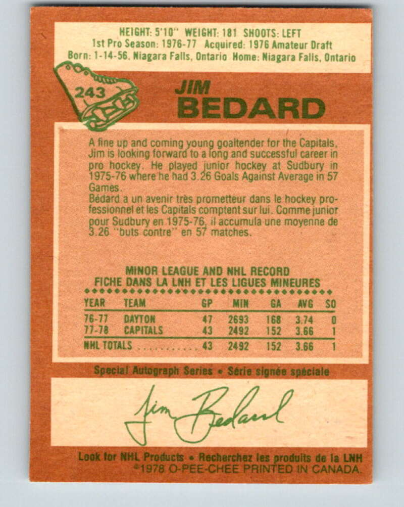 1978-79 O-Pee-Chee #243 Jim Bedard  RC Rookie Capitals  V24304