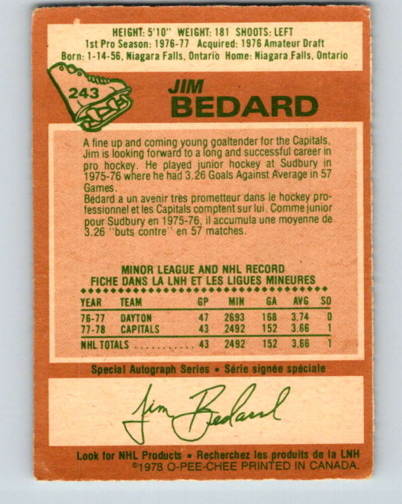 1978-79 O-Pee-Chee #243 Jim Bedard  RC Rookie Capitals  V24305