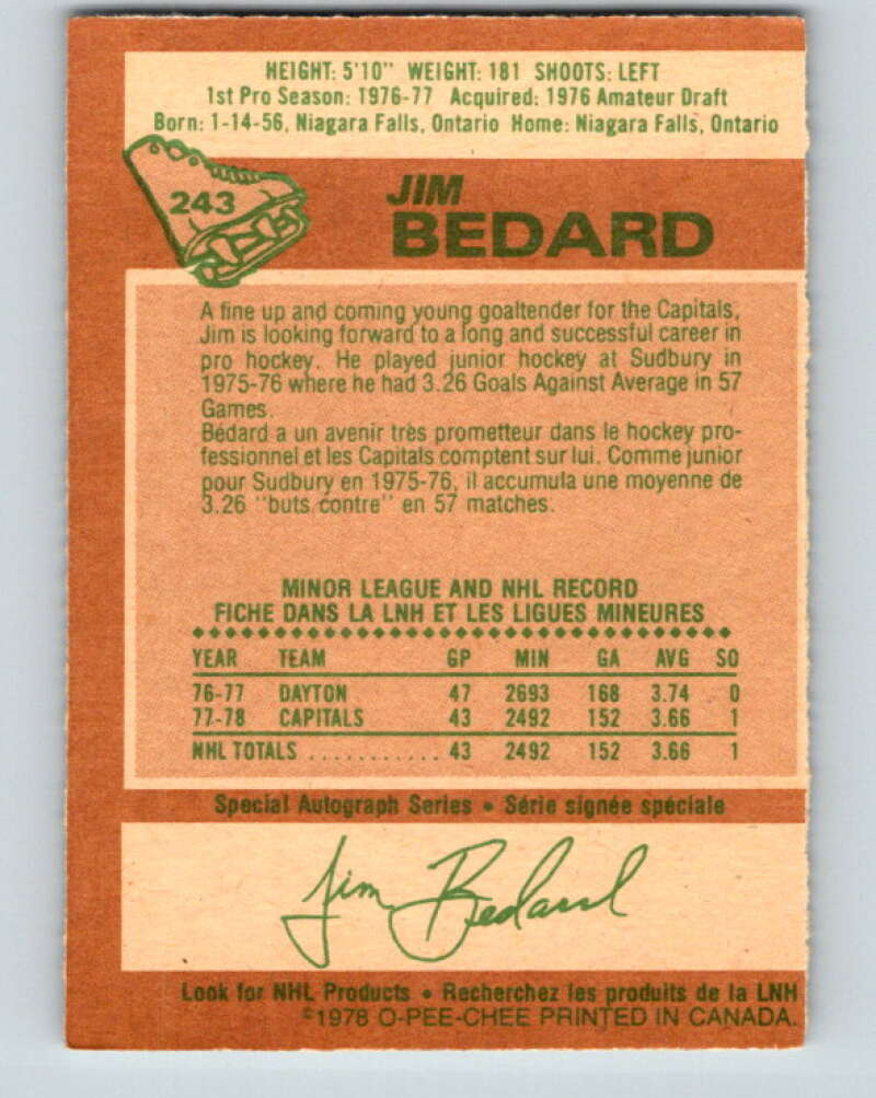 1978-79 O-Pee-Chee #243 Jim Bedard  RC Rookie Capitals  V24307
