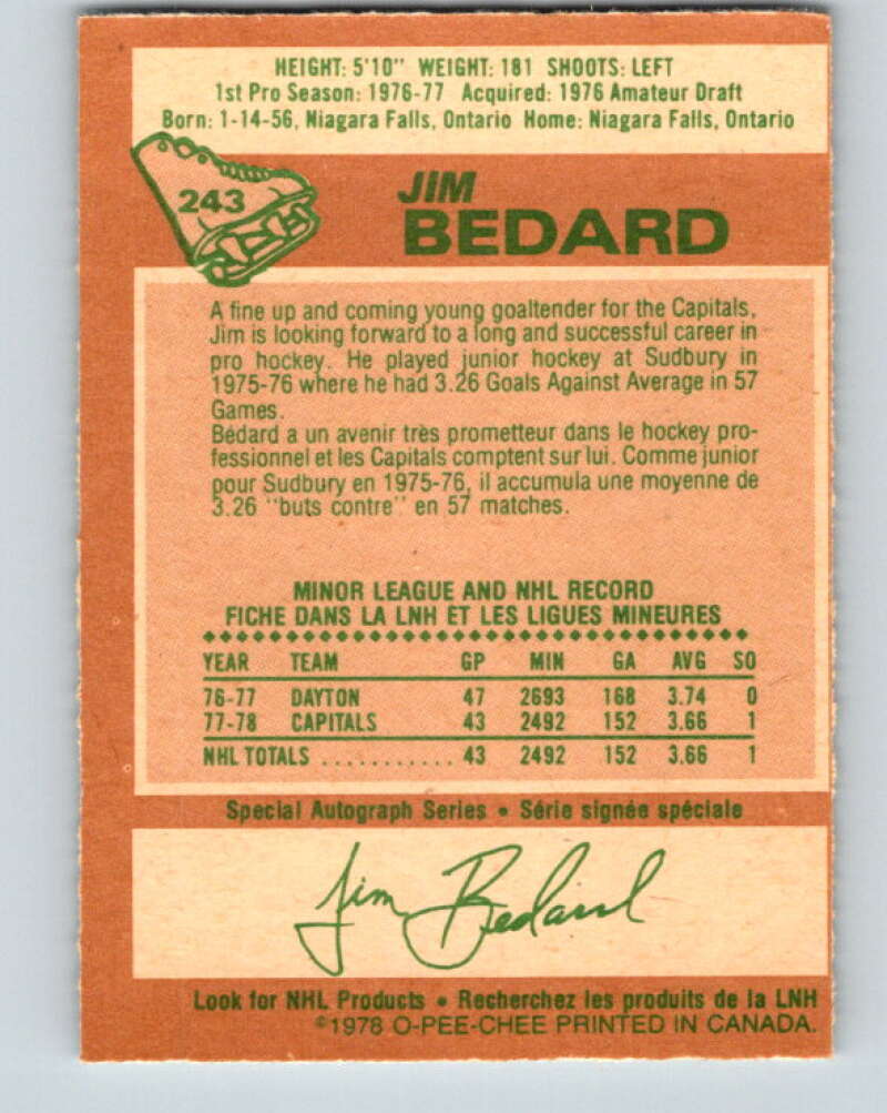 1978-79 O-Pee-Chee #243 Jim Bedard  RC Rookie Capitals  V24308