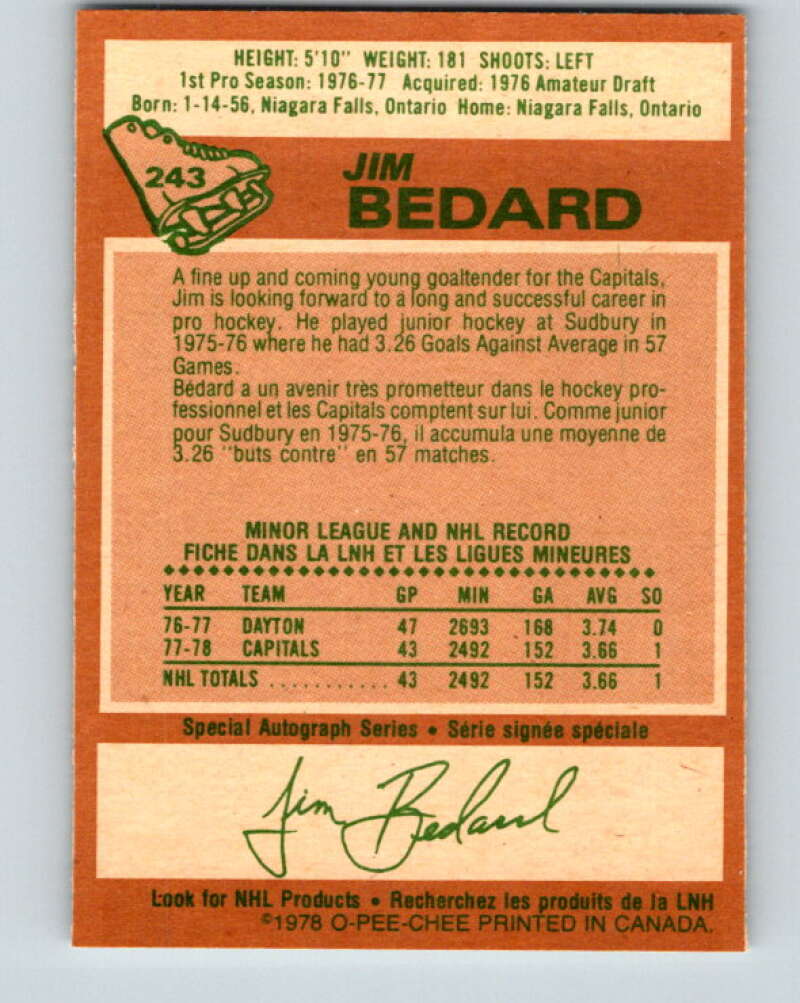 1978-79 O-Pee-Chee #243 Jim Bedard  RC Rookie Capitals  V24310