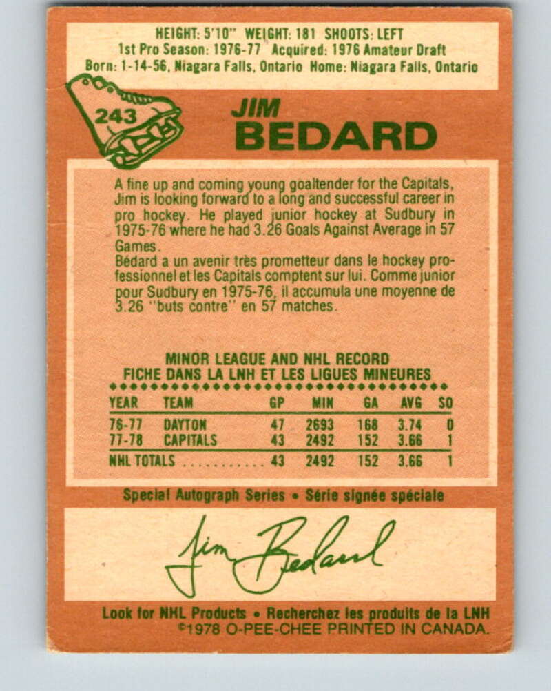 1978-79 O-Pee-Chee #243 Jim Bedard  RC Rookie Capitals  V24315