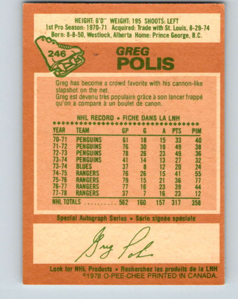 1978-79 O-Pee-Chee #246 Greg Polis  New York Rangers  V24351