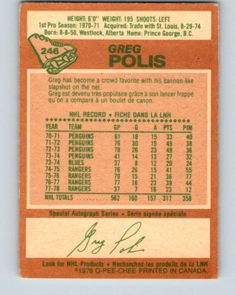 1978-79 O-Pee-Chee #246 Greg Polis  New York Rangers  V24353