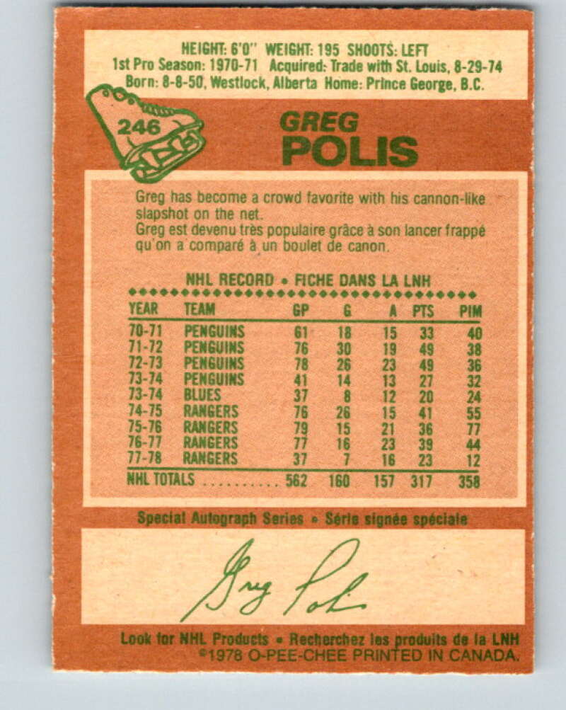 1978-79 O-Pee-Chee #246 Greg Polis  New York Rangers  V24356