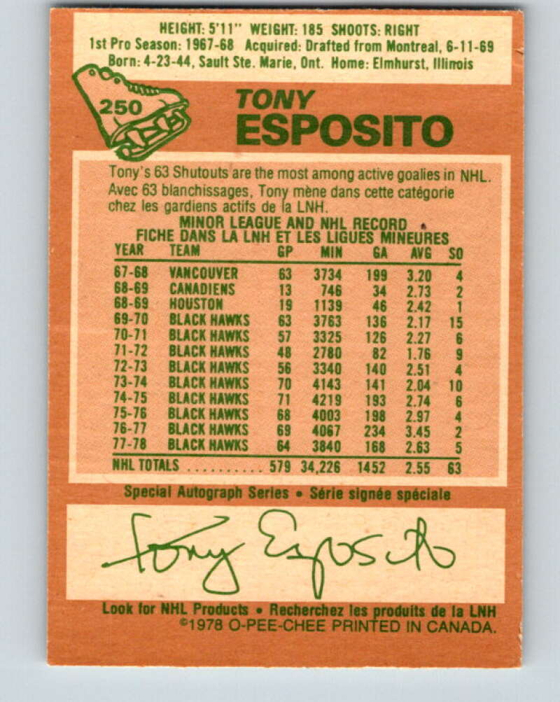 1978-79 O-Pee-Chee #250 Tony Esposito  Chicago Blackhawks  V24382