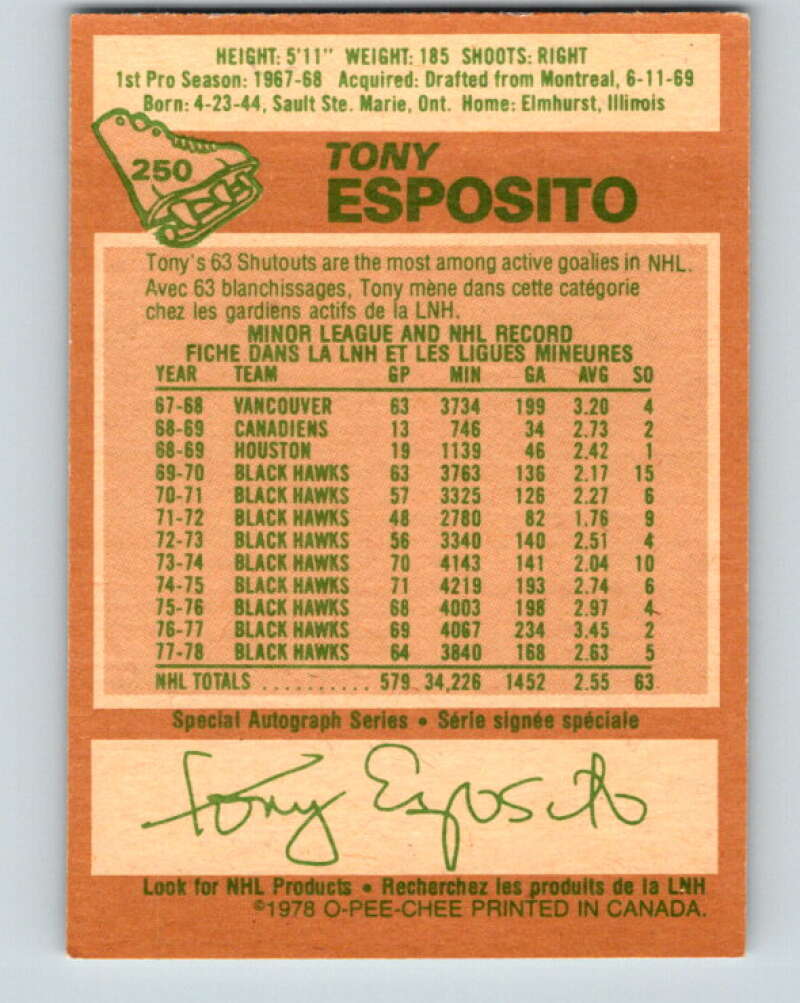 1978-79 O-Pee-Chee #250 Tony Esposito  Chicago Blackhawks  V24388