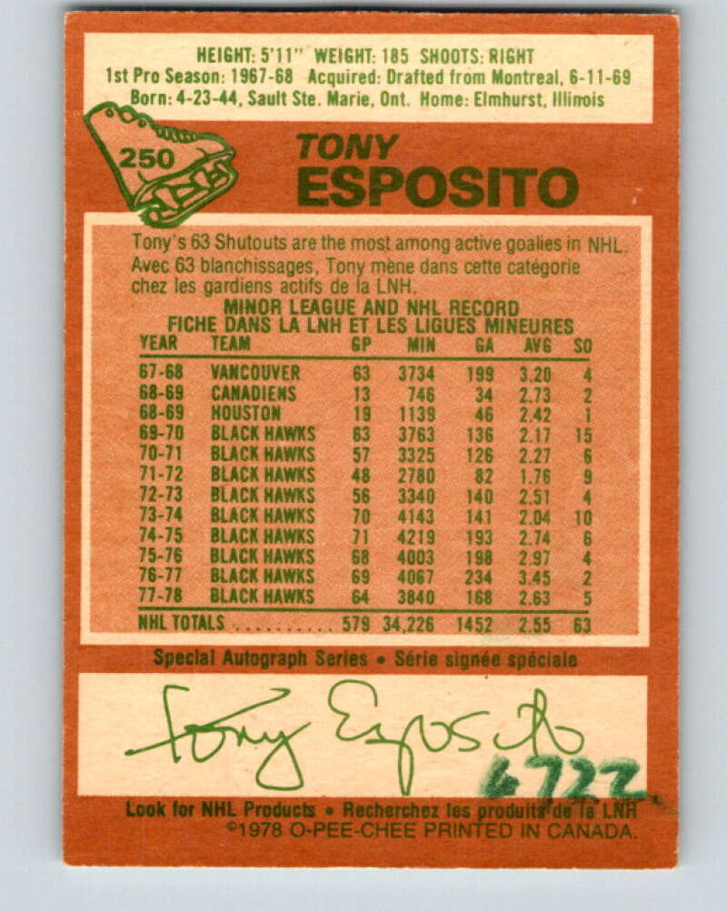 1978-79 O-Pee-Chee #250 Tony Esposito  Chicago Blackhawks  V24393
