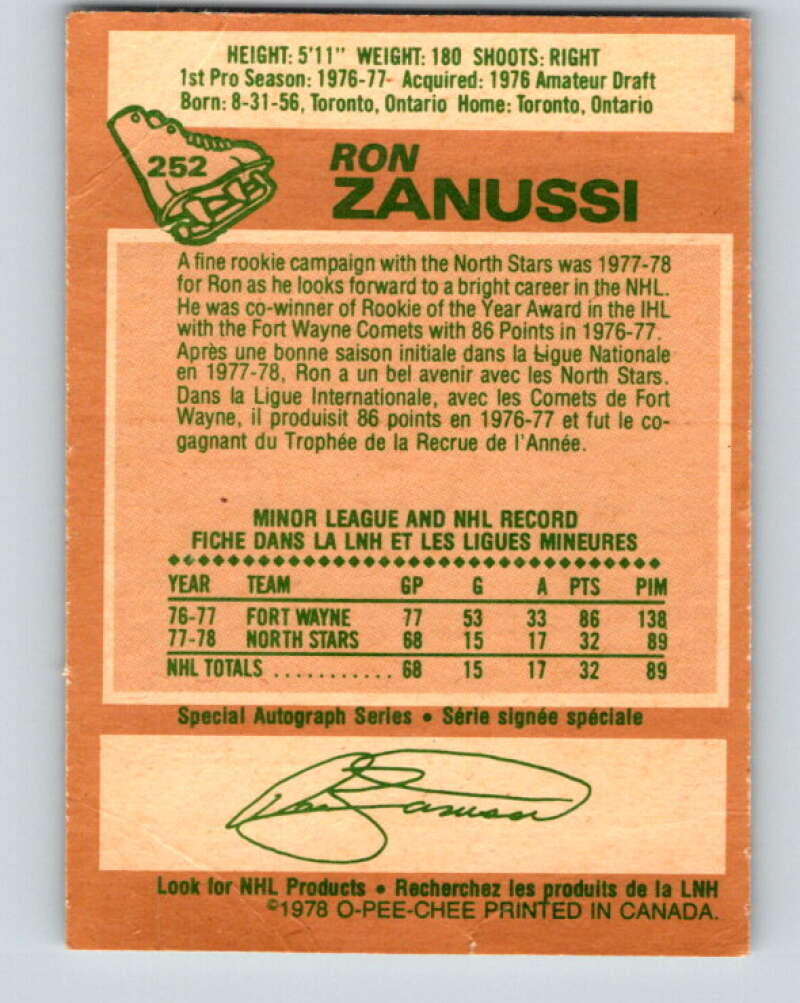 1978-79 O-Pee-Chee #252 Ron Zanussi  RC Rookie North Stars  V24420