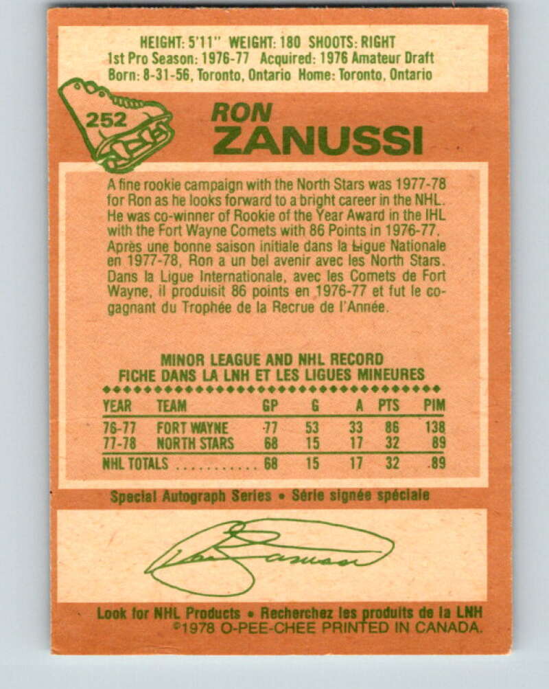 1978-79 O-Pee-Chee #252 Ron Zanussi  RC Rookie North Stars  V24421