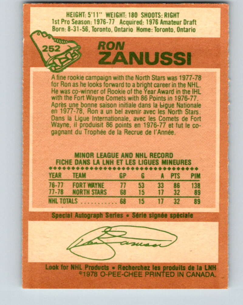 1978-79 O-Pee-Chee #252 Ron Zanussi  RC Rookie North Stars  V24424