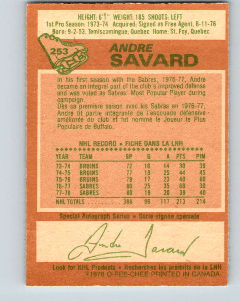 1978-79 O-Pee-Chee #253 Andre Savard  Buffalo Sabres  V24429